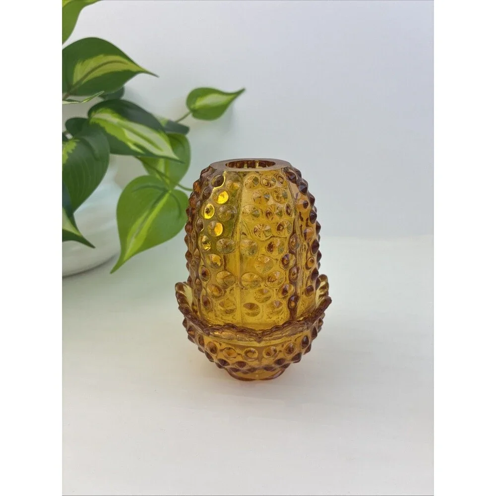 Fairy Lamp w Matching Base Vintage Fenton Amber Hobnail Candle Holder EUC Signed